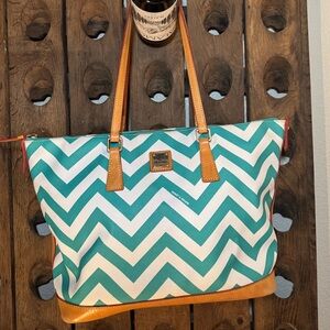 Dooney & Bourke Teal & White Chevron Coated Canvas Leather Tote